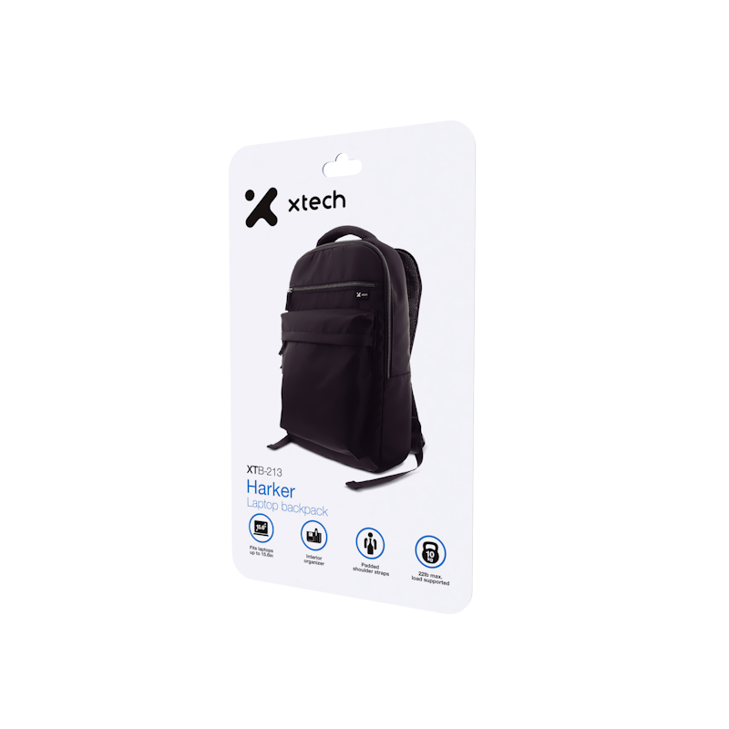 Xtech Harker XTB-213  Mochila para laptop - 15.6" - Nylon y Poliéster - Color Negro - Organizador de accesorios interior - Bolsillo frontal con cierre para accesorios - Tirantes acolchados
