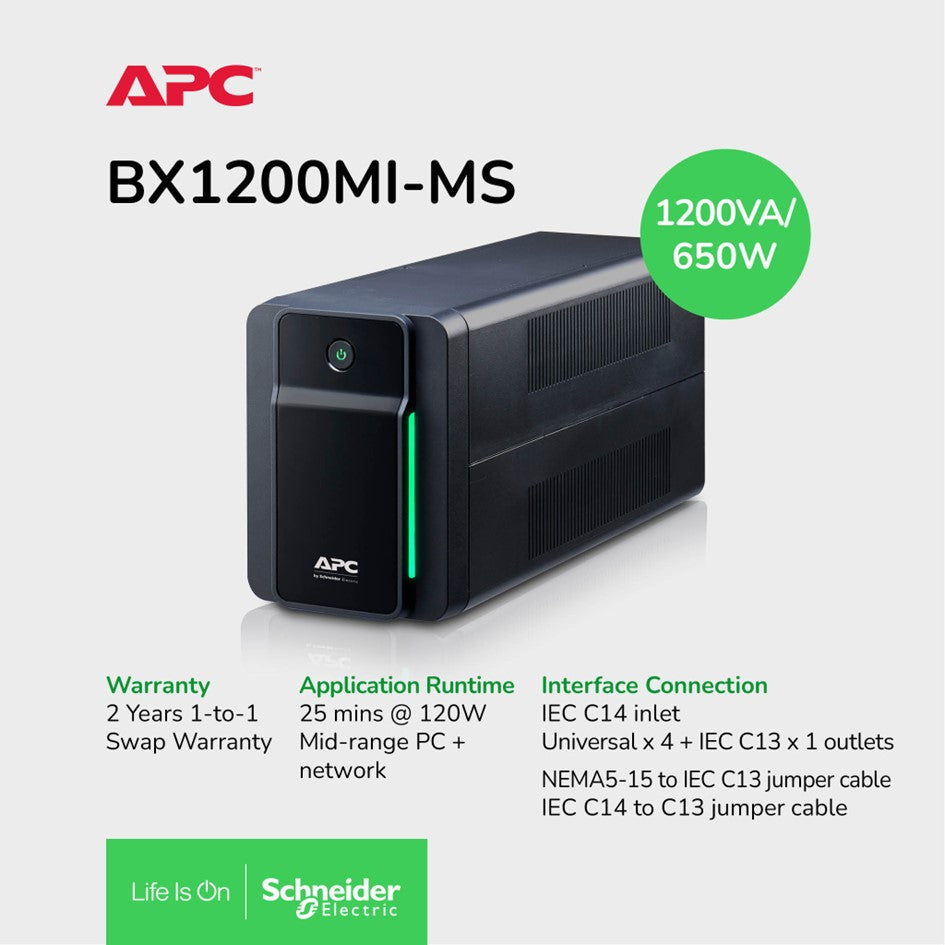 APC Back-UPS BX Series BX1200MI-MS - UPS - CA 230 V - 650 vatios - 1200 VA - conectores de salida: 5 - negro
