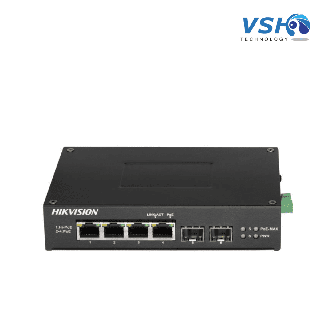 Hikvision Pro Series DS-3T0506HP-E/HS - Conmutador - sin gestionar - 3 x 10/100/1000 (PoE) + 1 x 10/100/1000 (Hi-PoE) + 2 x Gigabit SFP - sobremesa - High PoE / PoE - DC power