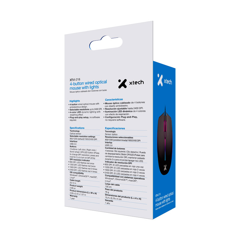 Xtech - XTM-218 - Mouse - USB - Wired - Black - 4 buttons with Light 2400 dpi