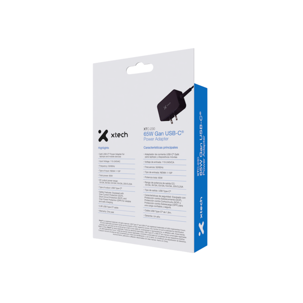 Xtech - 65W GaN USB-C® Power adapter - voltage 110/240VCA - plug NEMA 1-15P 5.9ft XTC-230